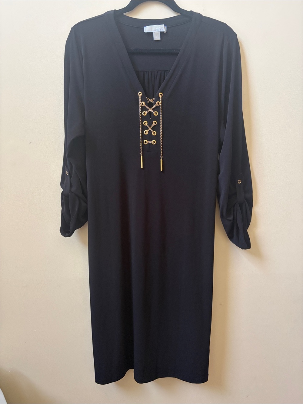 Gold Chain Lace-Up V-Neck Black Women's Dress
